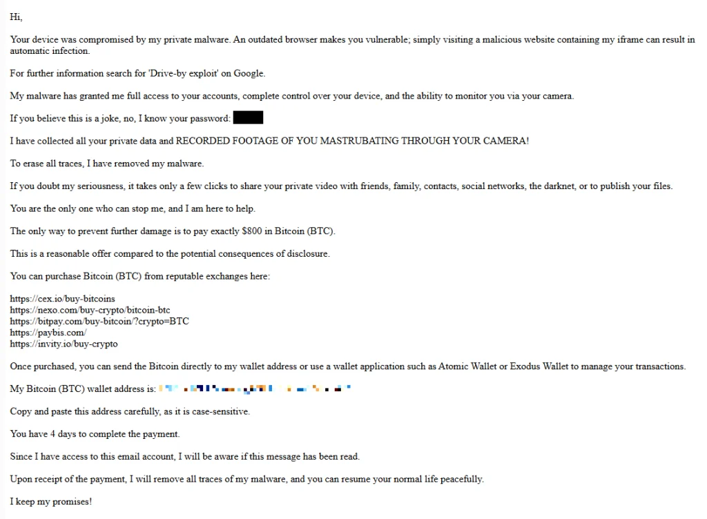 screenshot of sextortion email