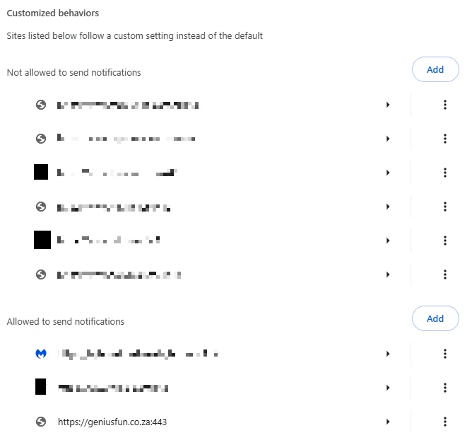 Customized behaviors section of the Chromium notifications menu 