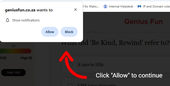 Screenshot showing "Click Allow to continue" and a show notifications prompt.
